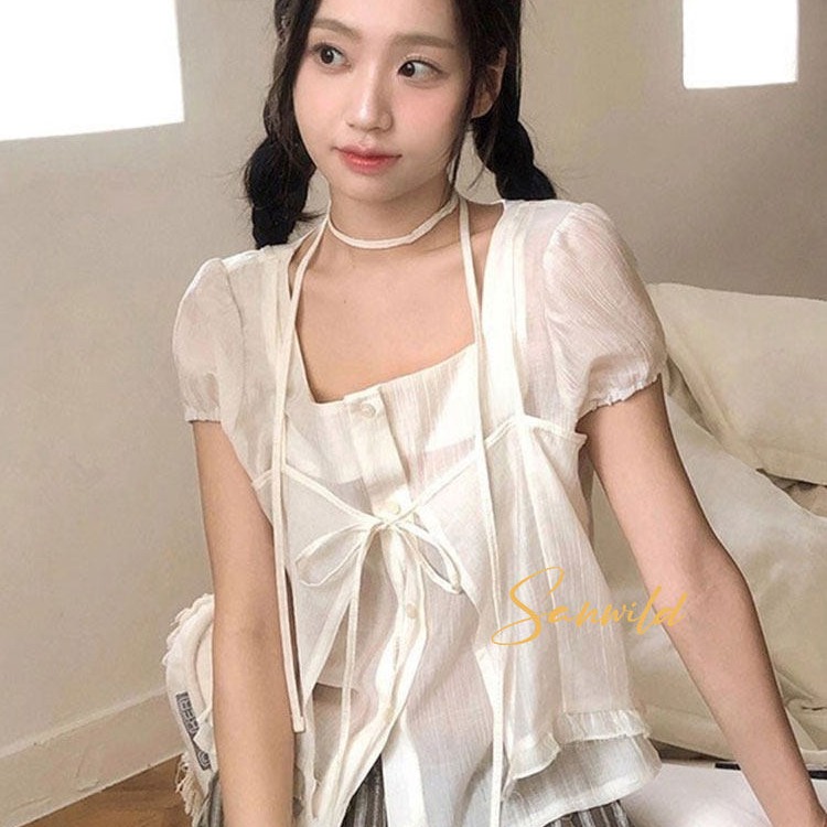 여름 새로운 디자인 센스 작은 대중 Chic 레이스업 오픈 가디건 페이크 레이어드 루즈핏 마이크로 ~을 통해 아름다운 작은 셔츠