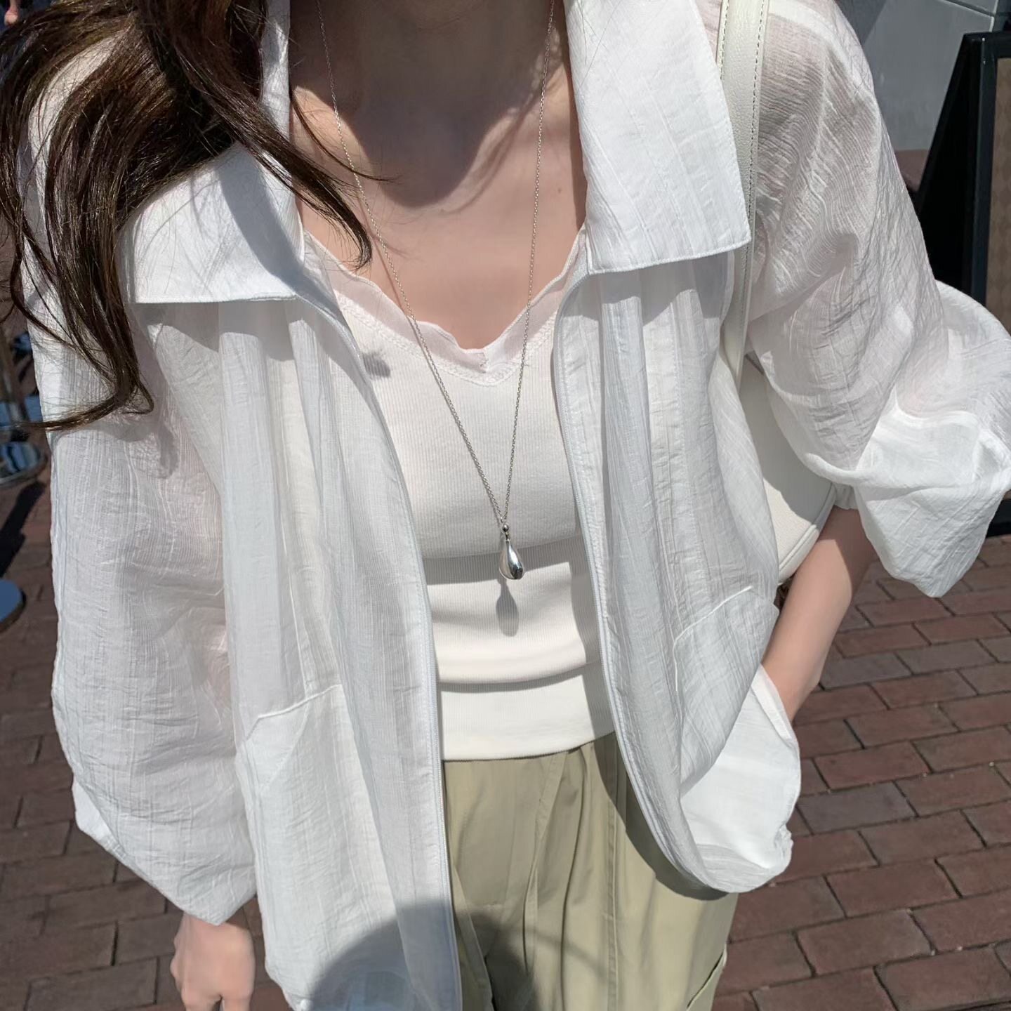 2026 년 한 국풍 봄 여름 루즈핏 다용도 폴로 칼라 자외선 차단 재킷 디스플레이 화이트 슈퍼 청 자외선 차단 재킷