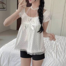 批发韩国ins夏季甜美风一字肩波点<b class='q'>衬衫</b>女蕾丝边蝴蝶结点缀短袖T恤上衣