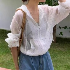 批发韩国东大门2026夏季新款法式波点松弛感减龄连帽<b class='q'>衬衫</b>花边外套衫女