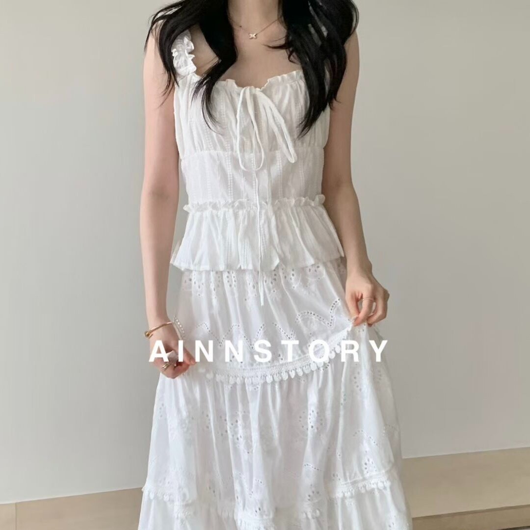 프랑스식 달콤함 연령 감소 목이버섯 레이스 자수 캐미솔 여름 얇은 스타일 프릴 레이스업 민소매 맨위