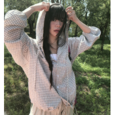 批发韩国chic<b class='q'>春</b>季简约经典格纹连帽长袖时尚洋气下摆抽绳衬衣外套女装