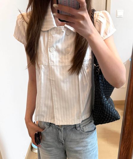 한 부서 ins 학원 스트라이프 반팔 여성 셔츠 여름 폴로 칼라 셔츠 베이비 칼라 작은 셔츠 달콤함 슬림해 보이는 맨위
