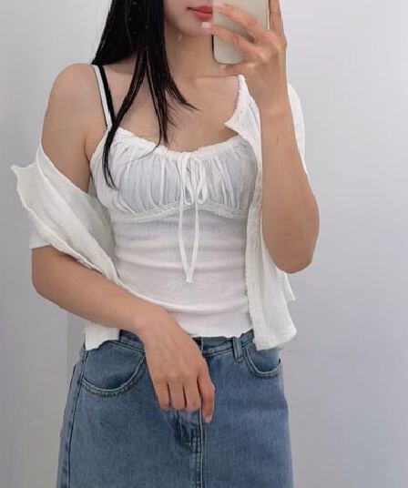 한 부서 다용도 스트랩 레이스 펌프 Pleat 슬립 패션 단색 반팔 싱글 줄 버튼 오픈 가디건 투피스 세트