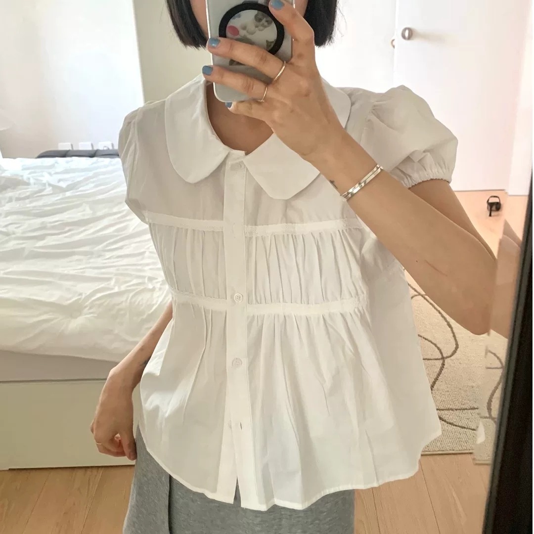 한국 chic 여름 달콤함 연령 감소 베이비 칼라 레이스 레이스 주름 장식 싱글 줄 버튼 거품 소매 셔츠 맨위 여성