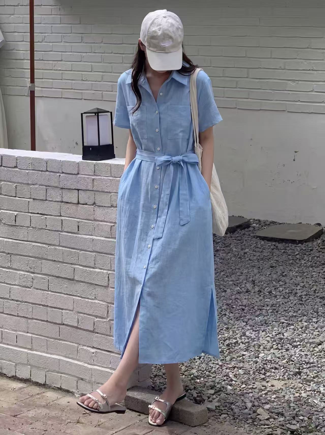 한국 스타일 루즈핏 슬림해 보이는 반팔 품격 허리 수축 레이스업 황색 여성 드레스 롱 코트 무릎 아래 문예 셔츠 드레스 여름