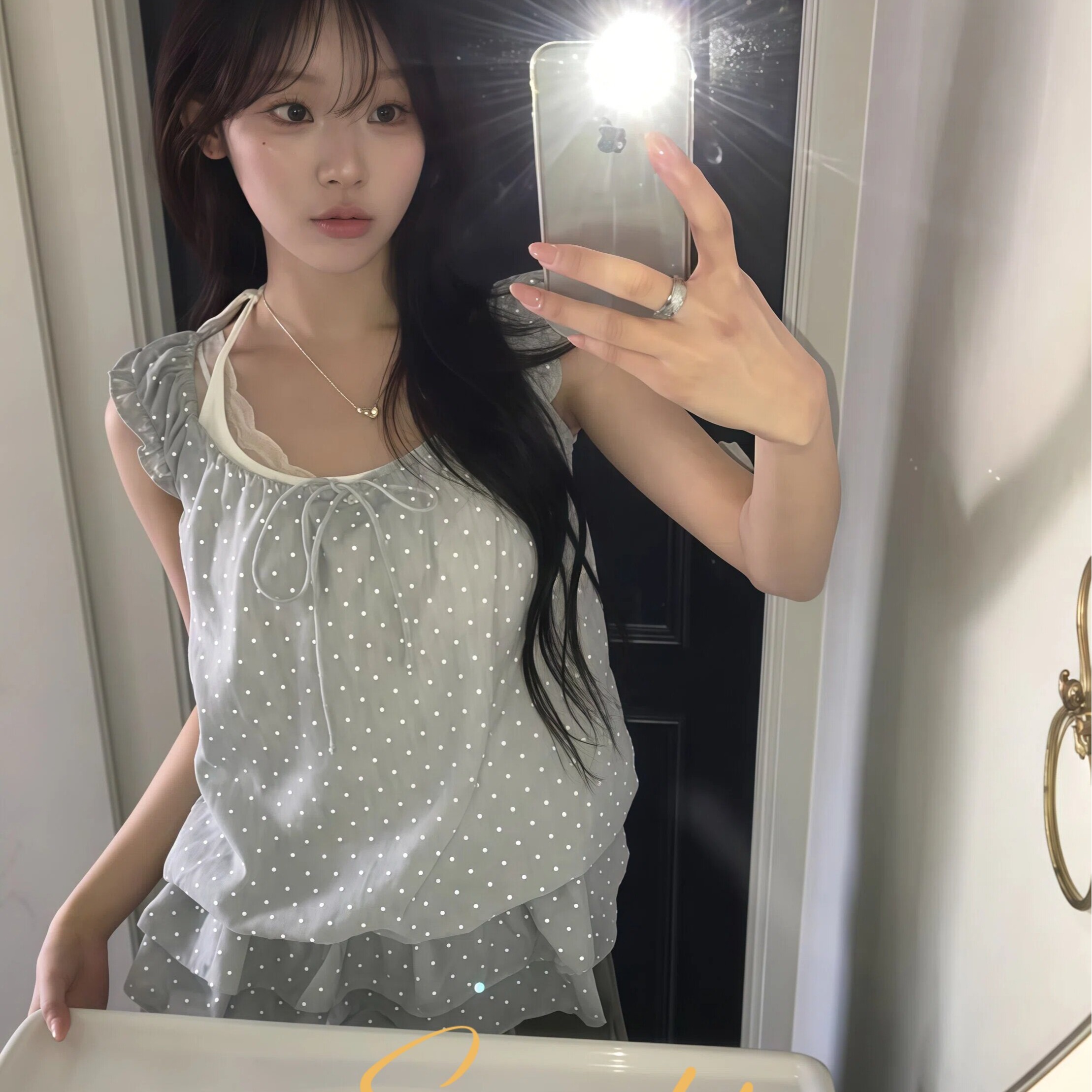 한 부서 소녀 바람 도트 무늬 행침 목 프릴 캐미솔 디자인 센스 달콤함 맨위