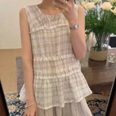 批发2026夏上新舒适麻格抽褶小衫超美单色小衫格子薄款<b class='q'>衬衫</b>