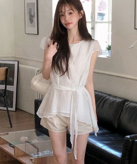 심장 기계 볶다 몽환 공주 질감 센스 스트랩 반팔 셔츠