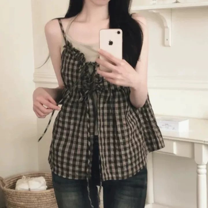 한국 chic 여름 레트로 문예 루즈핏 다용도 행침 목 체크무늬 캐미솔 두 조각 여성 세트 외국 가스 맨위