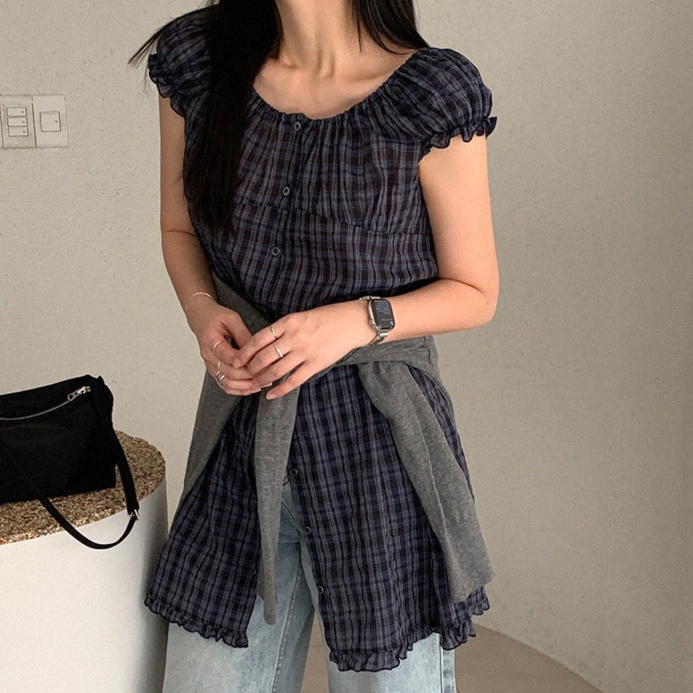 디자인 센스 체크무늬 롱 코트 거품 소매 셔츠 디자인 센스 펌프 Pleat 루즈핏 슬림해 보이는 반팔 맨위