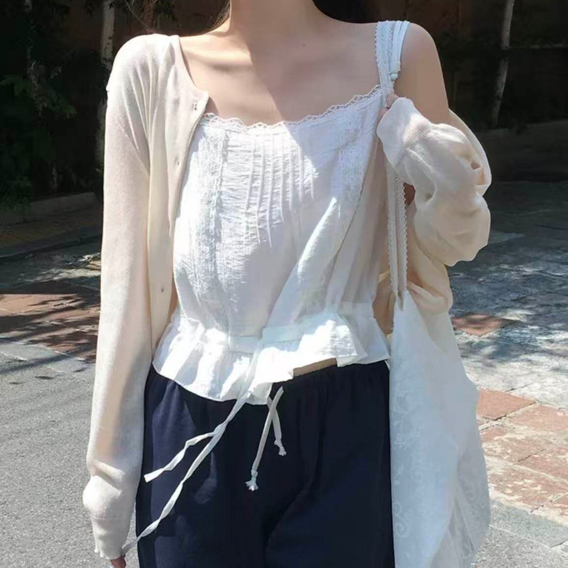 한국 chic 여름 달콤함 연령 감소 단색 레이스 측면 패치워크 광장 칼라 펌프 로프 허리 수축 캐미솔 외출용