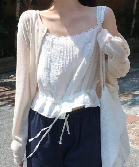 한국 chic 여름 달콤함 연령 감소 단색 레이스 측면 패치워크 광장 칼라 펌프 로프 허리 수축 캐미솔 외출용