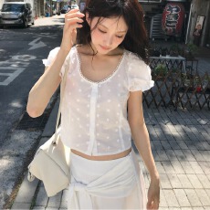 批发东大门夏季新款ins刺绣提花方领短袖上衣