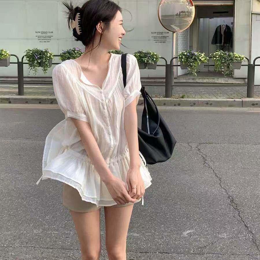 2026 여름 섹시함 시스루 펌프 로프 슬림해 보이는 여성 셔츠 한국 chic 프랑스식 허리 수축 프릴 치마
