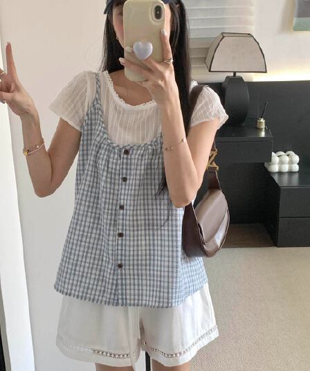 202 년 봄 여름 섹션 작은 청신 한 부서 체크무늬 조끼 면직물 맨위 페이크 레이어드 작은 셔츠