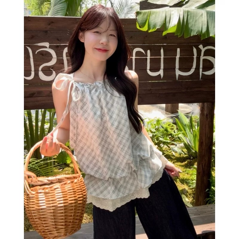 한 부서 레트로 체크무늬 레이스 레이스업 조끼 셔츠 달콤함 행침 목 맨위