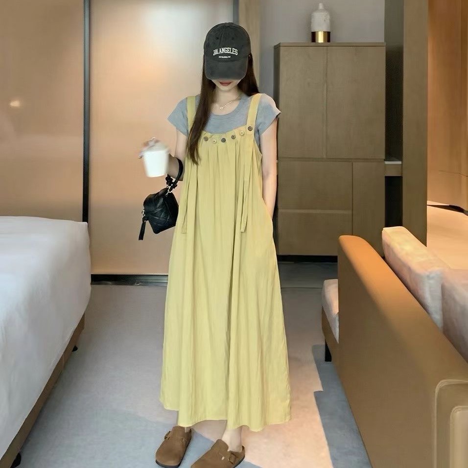 느긋한 바람 멜빵 치마 세트 여성 여름 새로운 한국 스타일 루즈핏 캐주얼 연령 감소 투피스 드레스 어린이