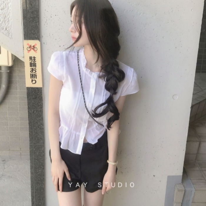2026 년 한 부서 얇은 스타일 프릴 싱글 줄 버튼 얇은 ~을 통해 섹션 반팔 셔츠