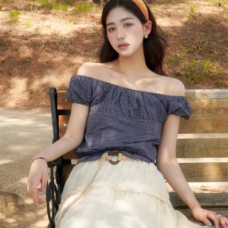 2026 년 한 부서 귀여운 다용도 체크무늬 보트넥 거품 소매 반팔
