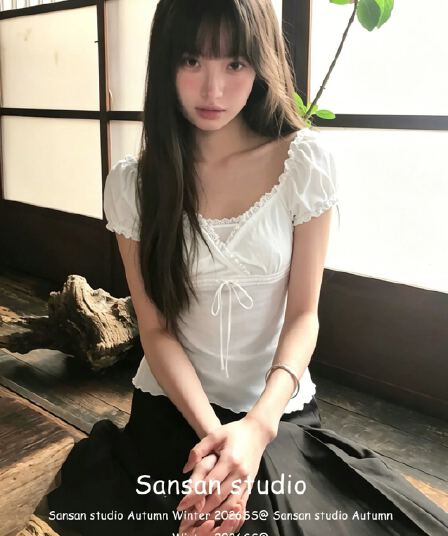 한 부서 페이크 레이어드 광장 칼라 반팔 여성 여름 착용 가져 가라. 레이스 레이스 거품 소매 티셔츠 슬림해 보이는 학원 스타일 맨위