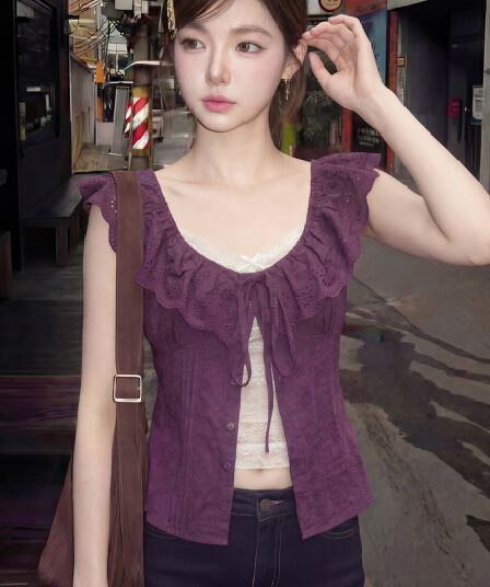 한 부서 프릴 레이스업 민소매 티셔츠 여성 여름 홀로우 아웃 레이스 몸매 가꾸기 허리 수축 품격 맨위