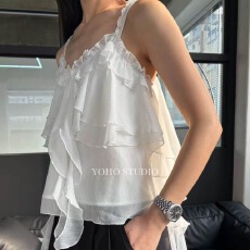 批发2026夏女新纯色低领不规则流苏V领吊带背心纯色衬衫女