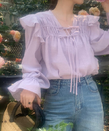 한 부서 chic 고급 센스 프릴 레이스업 나팔 소매 여성 셔츠 매우 요정 ~ 중 우유 부서 부드러운 보라색 Chic 맨위