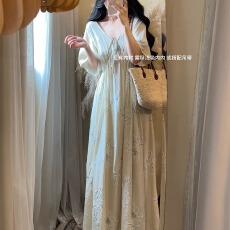 批发清冷水墨画禅意风V领高腰显瘦气质<b class='q'>连衣裙</b>女