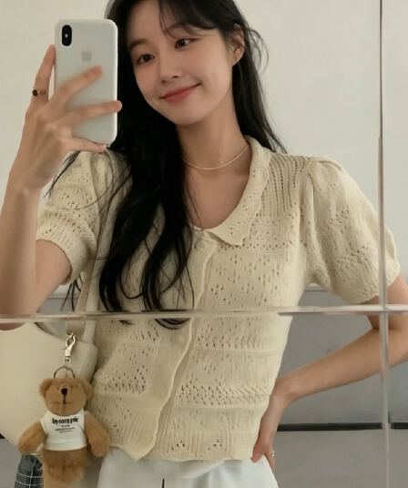 한국 chic 패션 홀로우 아웃 귀여운 작은 레이스 베이비 칼라 반팔 니트 스웨터 여성 프랑스식 품격 우아함 맨위