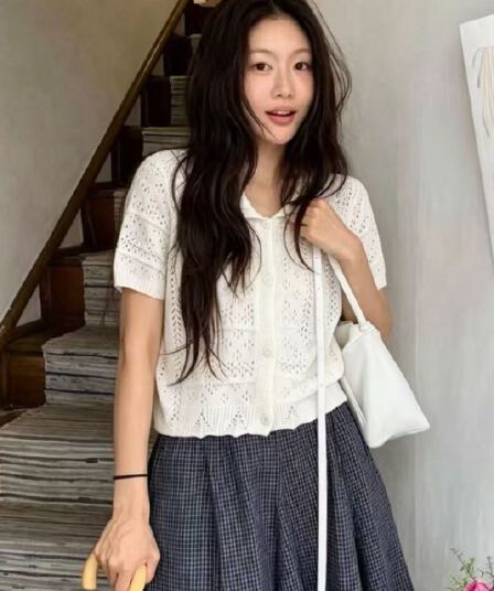 한국 chic 패션 홀로우 아웃 귀여운 작은 레이스 베이비 칼라 반팔 니트 스웨터 여성 프랑스식 품격 우아함 맨위