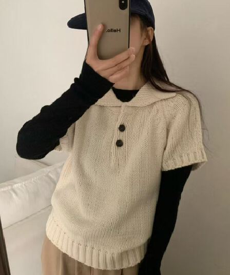 한 부서 이른 가을 베이비 칼라 두꺼운 바늘 반팔 스웨터 여자 품격 작은 폴로 칼라 두꺼운 스타일 니트 스웨터