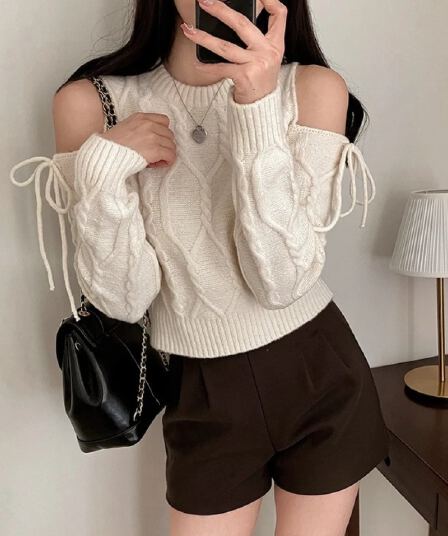 한국 chic 겨울 레트로 외국 가스 라운드 넥 홀로우 아웃 오프숄더 스트랩 디자인 루즈핏 다용도 긴팔 니트 스웨터