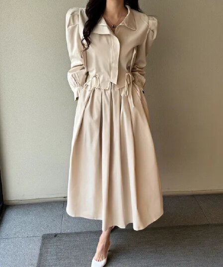 한국 chic 가을 다용도 품격 루즈핏 펌프 로프 쇼트 스타일 긴팔 재킷 프릴 한 마디 반신 치마 세트