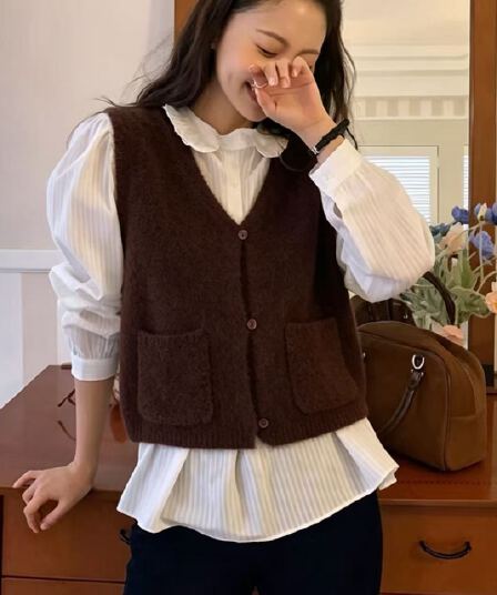 한국 ins 바람 다용도 레트로 미니멀리즘 스웨터 조끼 오픈 가디건