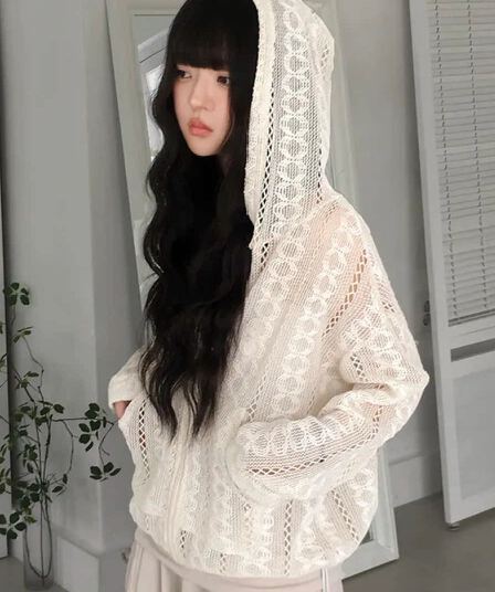 한 부서 이른 가을 레이스 시스루 니트 지퍼 후드 루즈핏 오픈 가디건 캐주얼 자외선 차단 얇은 스타일 맨위 재킷