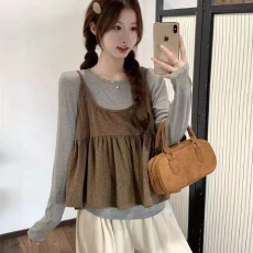 批发甜美碎花蝴蝶结绑带叠穿开叉吊带背心女长袖T恤两件<b class='q'>套装</b>