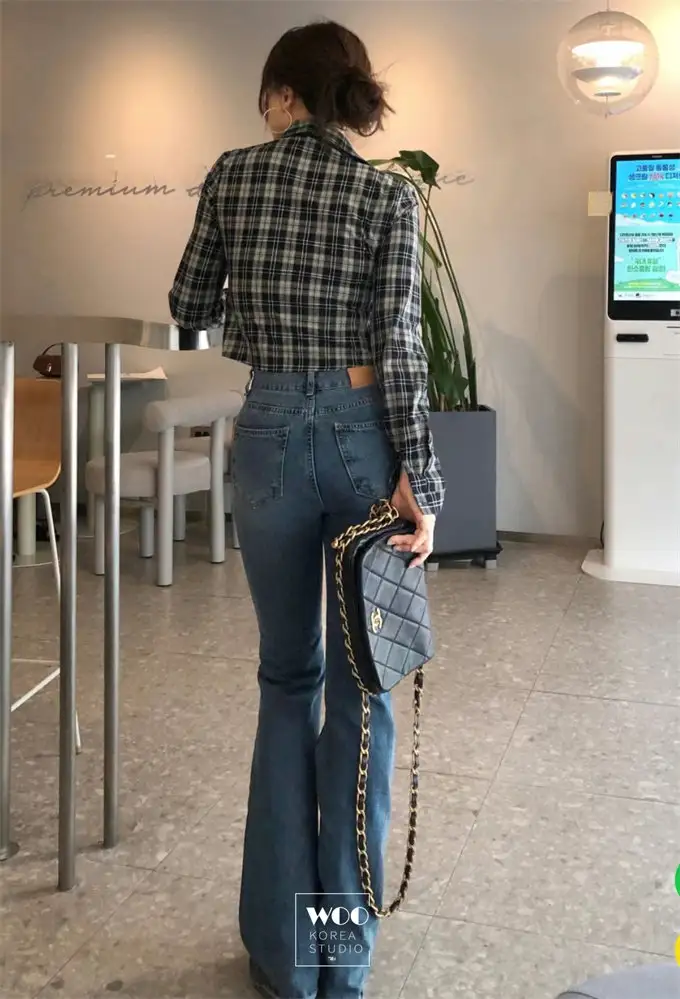 폴드 칼라 체크 무늬 크롭 셔츠 상세 이미지 8