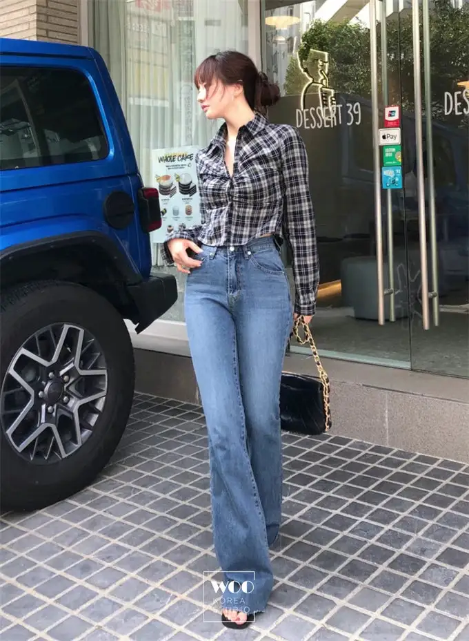폴드 칼라 체크 무늬 크롭 셔츠 상세 이미지 9