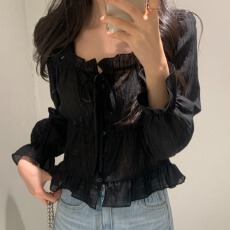 批发法式独特漂亮上衣女<b class='q'>韩国</b>chic秋季新款甜美花边温柔风衬衫遮肉衬衣
