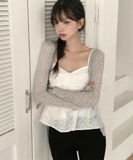 한국 chic 여름 루즈핏 다용도 단색 홀로우 아웃 자수 작은 슬링 조끼 여성 외출용 달콤함 Chic 맨위