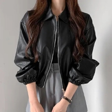 批发韩系chic简约宽松大口袋机车短外套女秋季百搭减龄翻领pu皮衣夹克