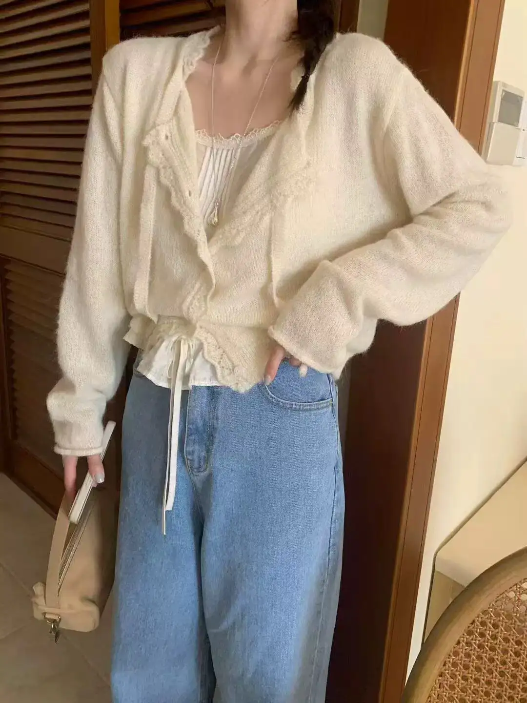 레이스 디테일 루즈핏 가디건 상세 이미지 1