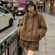 批发高级感加厚立领皮毛一体羊羔绒外套女秋冬季新款小个子洋气上衣
