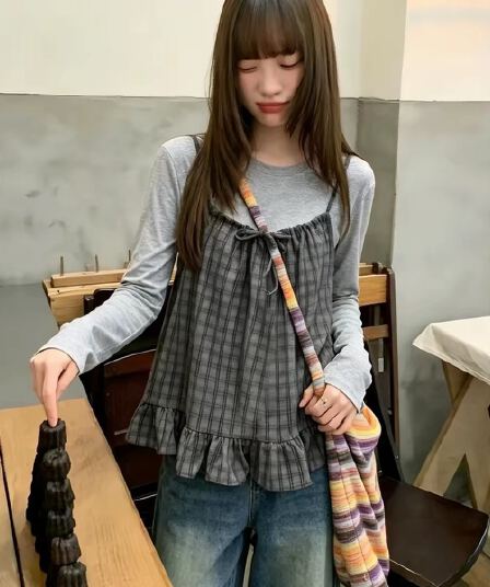 한 부서 문예 바람 체크무늬 펌프 로프 레이스 슬립 스택 착용 조끼 여성 여름 새로운 연령 감소 투피스 슈트