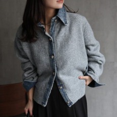 批发韩国牛仔拼接翻领针织开衫外套女秋<b class='q'>冬</b>气质撞色设计感长袖毛衣外套