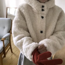 批发韩国2025秋冬加厚连帽毛毛外套女环保廓形保暖厚实毛茸茸短款大衣