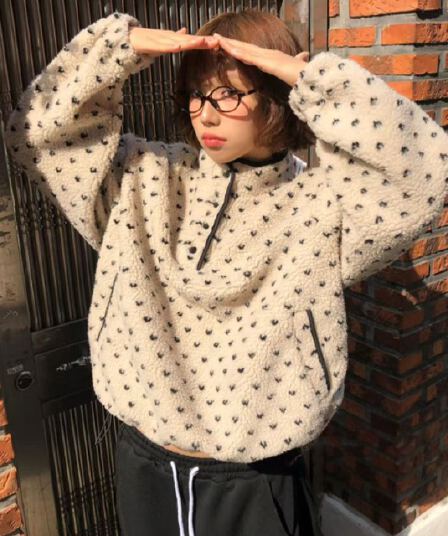 귀여운 ~ 중 이자 많이 슈퍼 따뜻한 플리스 하프 열기 털이 있는 풀오버 면 옷 한 부서 도트 무늬 후드티