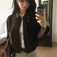 批发韩国chic秋季新款法式复古风翻领口袋宽松百搭短款长袖夹克外套女