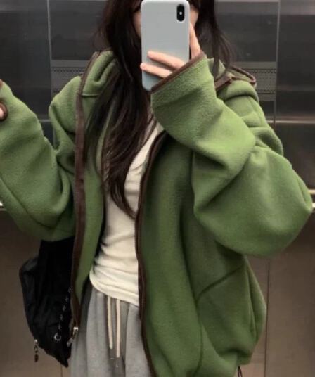 한국 동대문 배색 레트로 기능 중성 플리스 후드 지퍼 보온 후드티